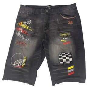 Blac Leaf Shorts Mens 40x13 Black Denim Graphic Distressed Raw Hem Streetwear